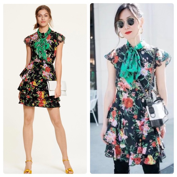 ALICE + OLIVIA Lessie Tiered Floral Tie-Neck Dress - Picture 5 of 10